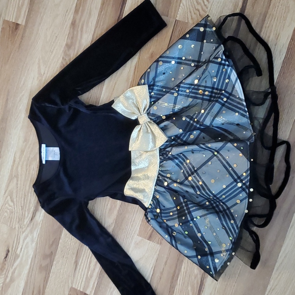 Girls Christmas dress size 5 black gold polka dot bow velvet Bonnie Jean plaid
